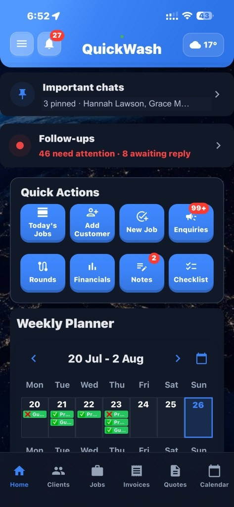 Extero dashboard with pinned chats, follow-ups, quick actions and a weekly planner