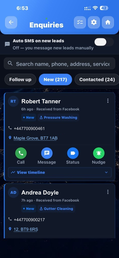 Enquiries inbox with Facebook leads ready to call, message or convert